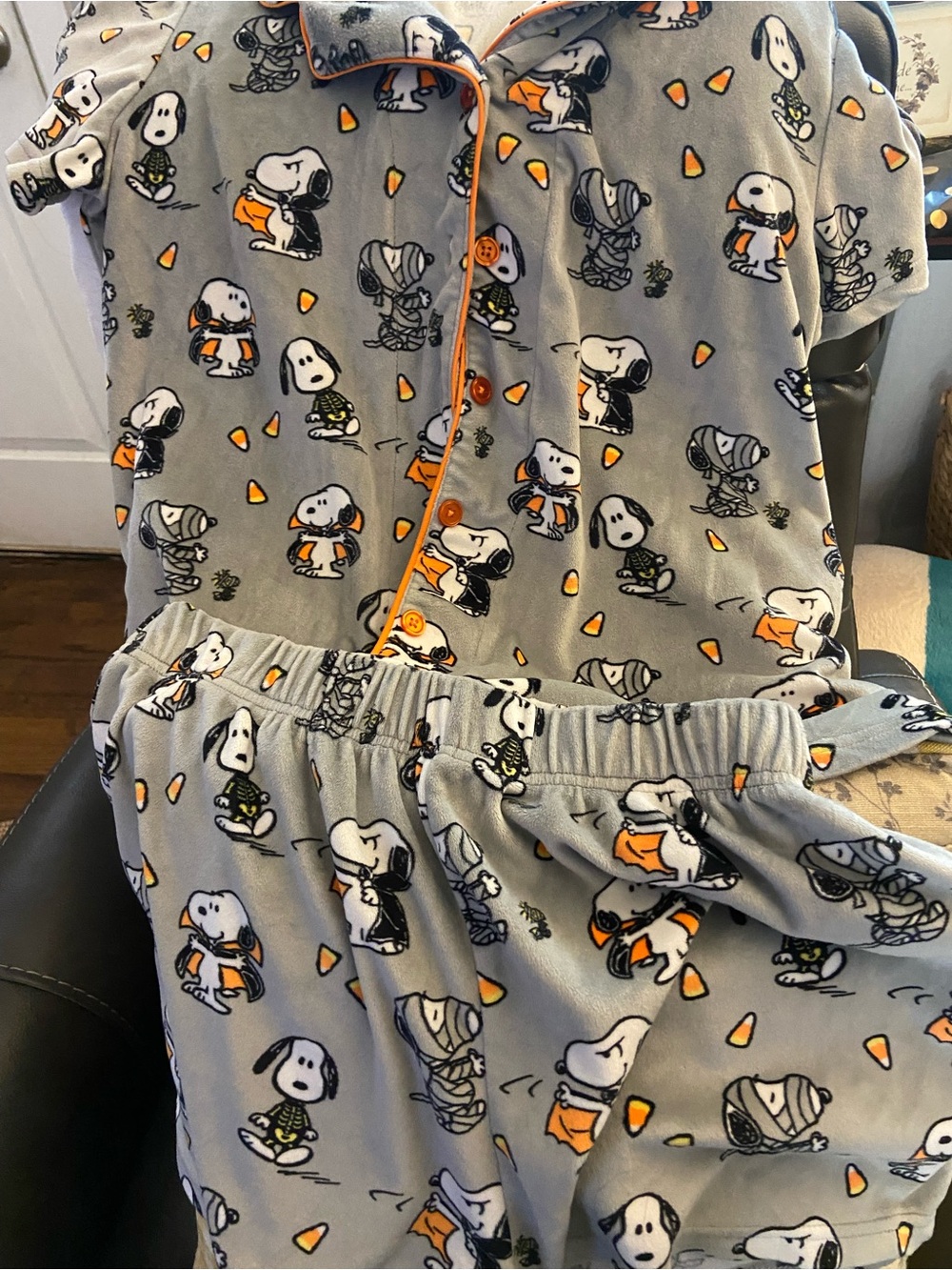 Munki munki size large holloween Grey Snoopy Print Pajama Set with Orange Trim
